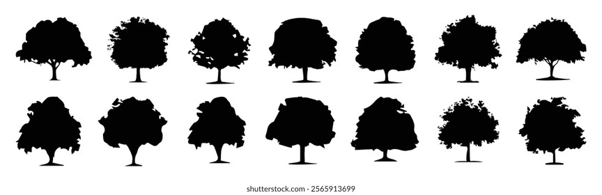 Silhouette tree line drawing set. Graphics trees elements outline symbol for architecture and landscape design drawing. Vector illustration