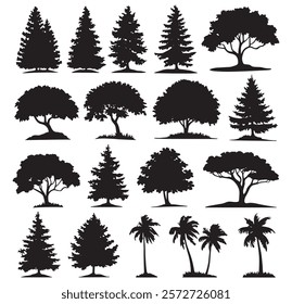 silhouette tree line drawing set, Side view, set of graphics trees elements outline symbol for architecture and landscape design drawing. Vector illustration in stroke fill in white. Tropical