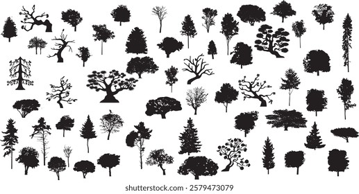 silhouette tree line drawing set, Side view, set of