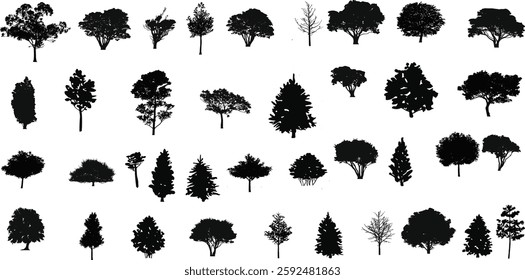 silhouette tree line drawing set, Side view, set of