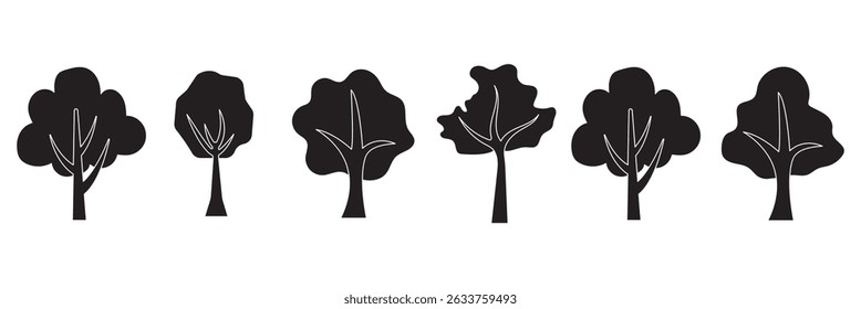 silhouette tree line drawing set, Side view, set of graphics trees elements outline symbol, Forest, nature, tree concept. Simple icons, flat vector illustrations. Isolated eps 10