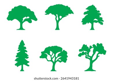 silhouette tree line drawing set, Side view, set of graphics trees elements outline symbol for architecture and landscape design drawing. Vector illustration in stroke fill in white. Tropical