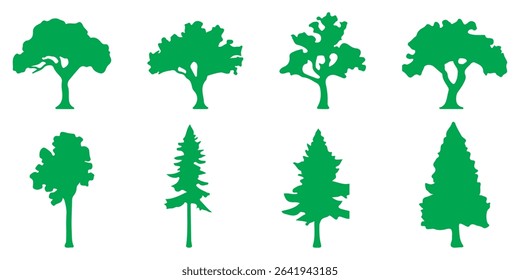 silhouette tree line drawing set, Side view, set of graphics trees elements outline symbol for architecture and landscape design drawing. Vector illustration in stroke fill in white. Tropical