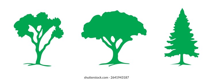 silhouette tree line drawing set, Side view, set of graphics trees elements outline symbol for architecture and landscape design drawing. Vector illustration in stroke fill in white. Tropical 