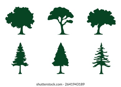 silhouette tree line drawing set, Side view, set of graphics trees elements outline symbol for architecture and landscape design drawing. Vector illustration in stroke fill in white. Tropical
