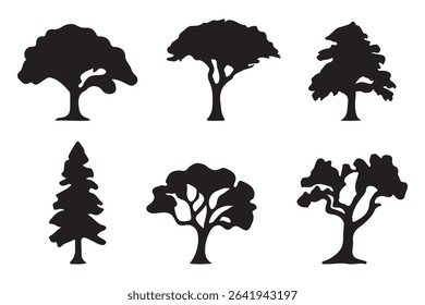 silhouette tree line drawing set, Side view, set of graphics trees elements outline symbol for architecture and landscape design drawing. Vector illustration in stroke fill in white. Tropical 