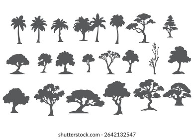 silhouette tree line drawing set, Side view, set of graphics trees elements outline symbol for architecture and landscape design drawing. Vector illustration in stroke fill in white.