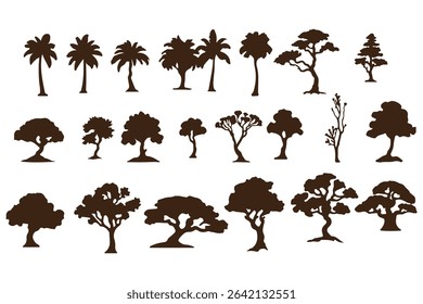 silhouette tree line drawing set, Side view, set of graphics trees elements outline symbol for architecture and landscape design drawing. Vector illustration in stroke fill in white.