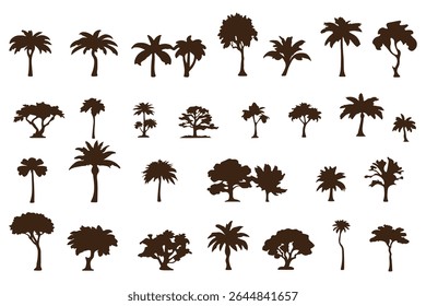 silhouette tree line drawing set,  set of  trees elements outline symbol for landscape design drawing. Vector illustration in stroke fill in white. eps 10