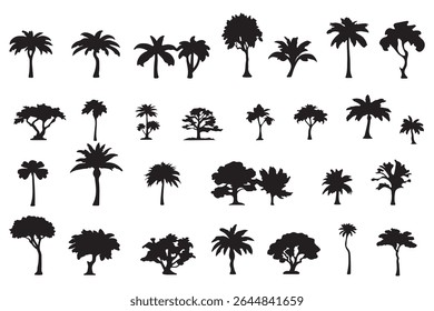silhueta conjunto de desenho de linha de árvore, conjunto de árvores elementos esboço símbolo para desenho de projeto de paisagem. Ilustração vetorial no preenchimento do traçado em branco. eps 10