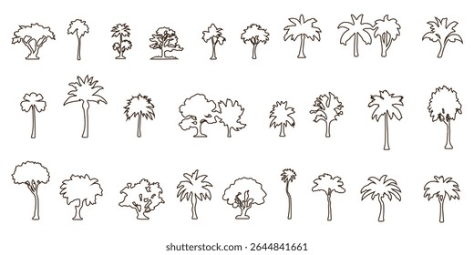 silhouette tree line drawing set,  set of  trees elements outline symbol for landscape design drawing. Vector illustration in stroke fill in white. eps 10