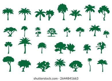 silhouette tree line drawing set,  set of  trees elements outline symbol for landscape design drawing. Vector illustration in stroke fill in white. eps 10