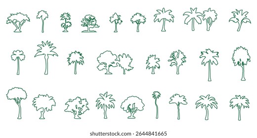 silhueta conjunto de desenho de linha de árvore, conjunto de árvores elementos esboço símbolo para desenho de projeto de paisagem. Ilustração vetorial no preenchimento do traçado em branco. eps 10