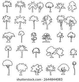 silhouette tree line drawing set, Side view, set of graphics trees elements outline symbol for architecture and landscape design drawing. eps 10