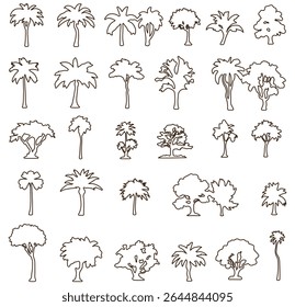 silhouette tree line drawing set, Side view, set of graphics trees elements outline symbol for architecture and landscape design drawing. eps 10