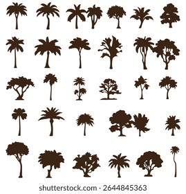 Conjunto de dibujo de línea de árbol de silueta, vista lateral, conjunto de Elementos de árboles gráficos.  Diseño EPS 10