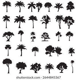 silhouette tree line drawing set, Side view, set of graphics trees elements outline symbol for architecture and landscape design drawing.  Design EPS 10