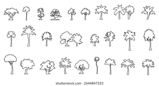 silhouette tree line drawing set, Side view, set of graphics trees elements outline symbol for architecture and landscape design drawing. EPS 10 