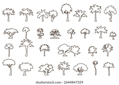 silhouette tree line drawing set, Side view, set of graphics trees elements outline symbol for architecture and landscape design drawing. EPS 10 