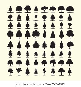 silhouette tree line drawing set, Side view, set of graphics trees elements outline symbol 