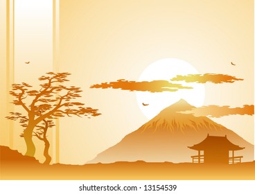 silhouette tree with mountain and temple