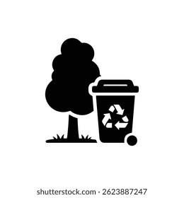 Silueta del árbol al lado de la papelera de reciclaje que enfatiza el icono negro de la eliminación segura de Eco