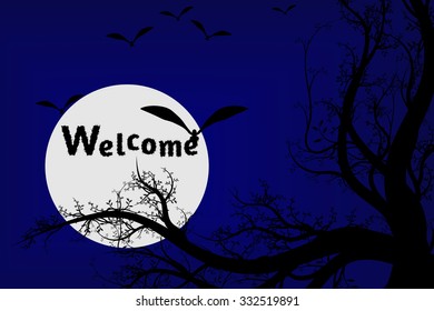 silhouette tree at night and message "welcome"