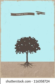 Silhouette of tree and old plane on grunge paper.Vector eps10