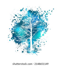 Silhouette of a tree on a background of blue blots. Vector illustration