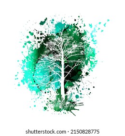 Silhouette of a tree on a background of green blots. Vector illustration