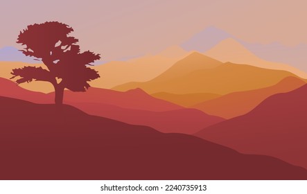 Silhouette of a tree on a background of mountains. Sunrise over the mountain range. Perfect for website, social media, desktop, wallpapers, postcards.