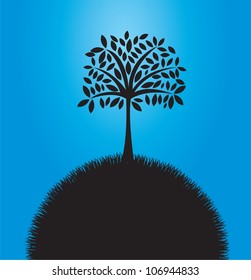Silhouette of tree on grass over blue background, vector illustration