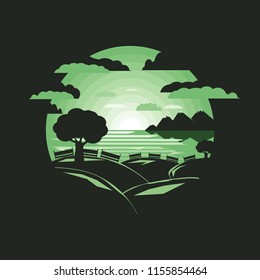 Silhouette tree on hill. with benchNegative space.flat design