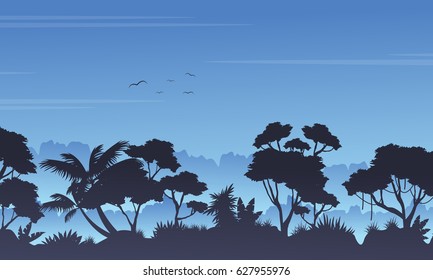 Silhouette of tree on the rain forest scenery