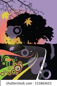 Silhouette of the tree on the road