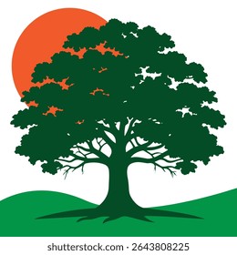 Silhouette of a Tree with Orange Sun and Green Hills
