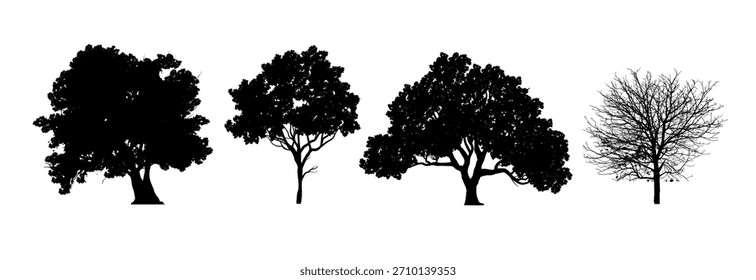 Árvore de silhueta, Conjunto de árvores de contorno, elementos gráficos de vista lateral para projeto de paisagem e desenho arquitetônico, isolado - ilustração vetorial