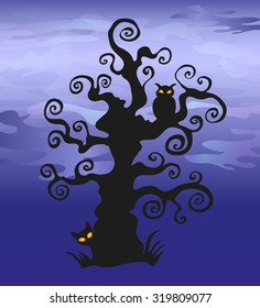 Silhouette of a tree with an owl and a cat on a background of the moon on Halloween