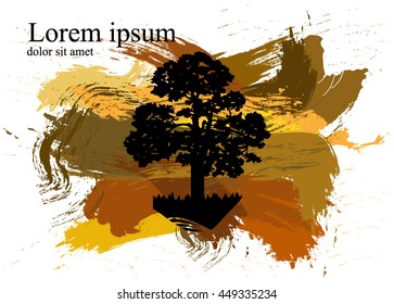 Silhouette of tree with patches of paint. Splash. Black, brown and yellow tones.