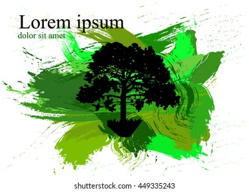 Silhouette of tree with patches of paint. Splash. Black and green tones.