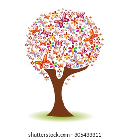Silhouette of a tree with a pattern of butterflies and flowers