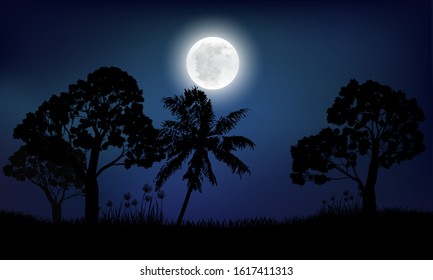 Silhouette of the tree with the red moon on Background. Vector illustration.