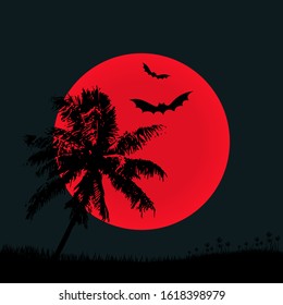 Silhouette of the tree with the red moon on Background. Vector illustration.