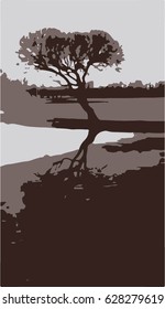 Silhouette of a tree reflected in the water