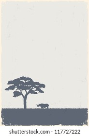 Silhouette of tree and rhino. Vector illustration