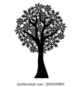 Silhouette of a tree with a round crown of snowflakes. Winter decoration for Christmas, New Years holidays. Theme of nature, plants. Black isolated object on a white background. Vector illustration. 