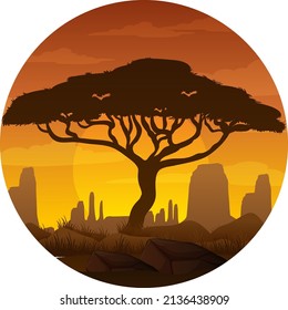 Silhouette tree in savanna forest illustration