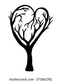 Silhouette of a tree in the shape of a heart.