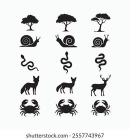 Silhouette tree, snail, snake, crab, wolf, deer icon vector illustration