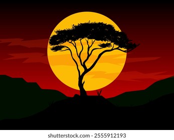 Silhouette of tree with sunset in the evening